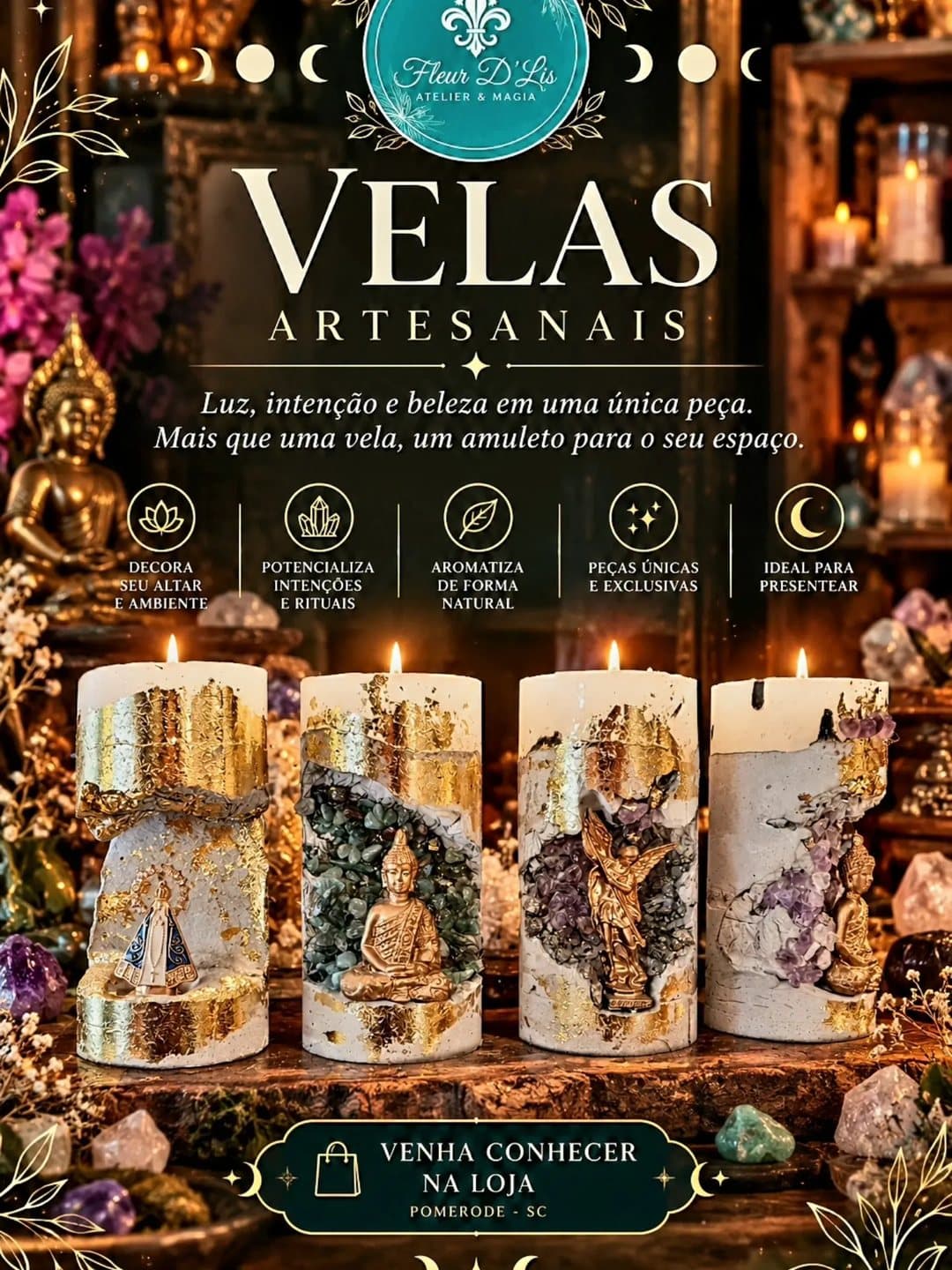 Quatro velas artesanais decoradas com folha de ouro, cristais e imagens em relevo